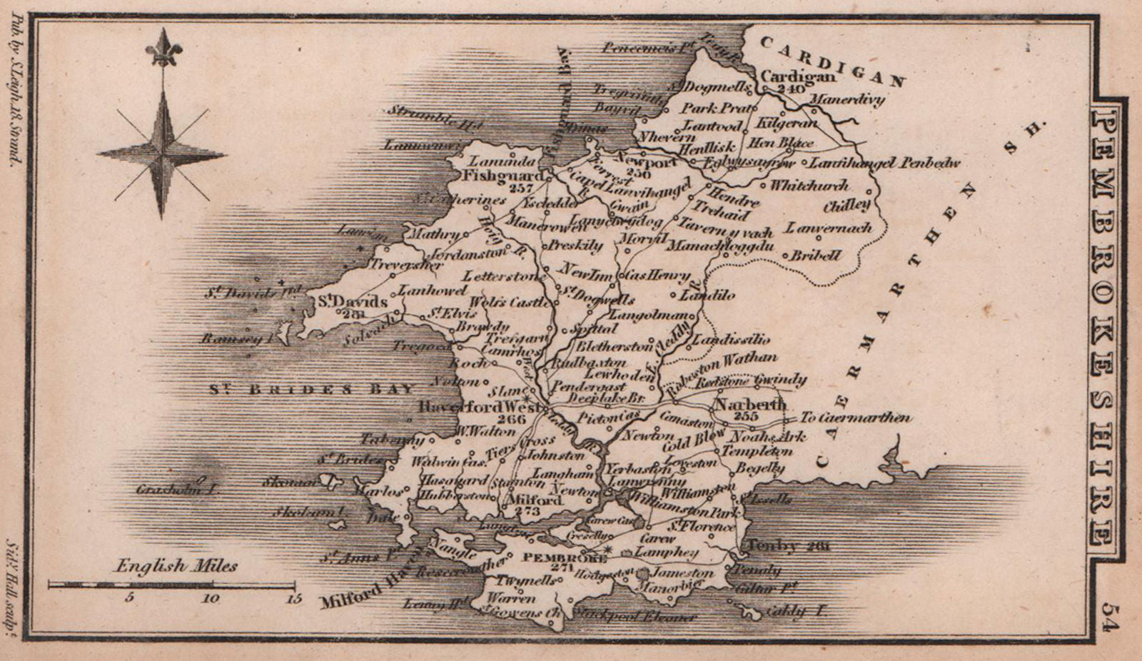 Pembrokeshire miniature county map by Samuel Leigh / Sidney Hall c1820 old